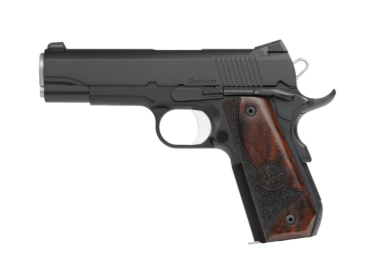 Dan Wesson Guardian 1911 pistol in .38 Super Auto with black finish and fixed tritium night sights, right-side profile view