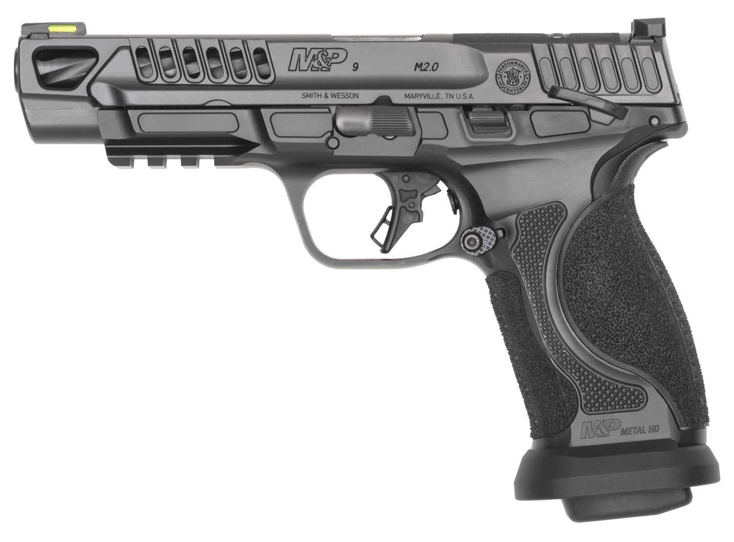 Smith & Wesson M&P9 M2.0 Competitor HD 9mm semi-auto pistol in black with HiViz sights and optic-ready slide, right-side view
