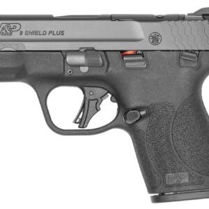 Smith & Wesson M&P Shield Plus Optic Ready 9mm semi-auto pistol in black with thumb safety and serrated slide, CA compliant