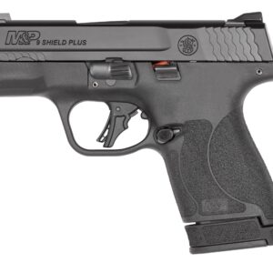 Smith & Wesson M&P Shield Plus 9mm semi-automatic pistol with 3.1-inch barrel in black, shown with included magazines