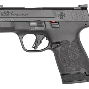 Smith & Wesson M&P Shield Plus 9mm pistol with tritium night sights and black finish, right-side profile view