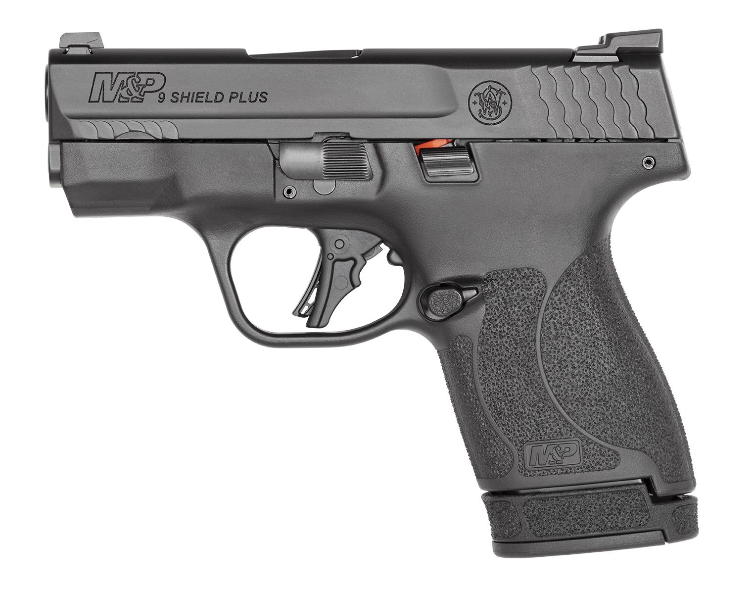 Smith & Wesson M&P Shield Plus 9mm pistol with tritium night sights and black finish, right-side profile view