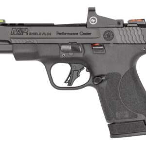 Smith & Wesson M&P Shield Plus Performance Center 9mm pistol with ported slide and Crimson Trace fiber optic sights, right side view