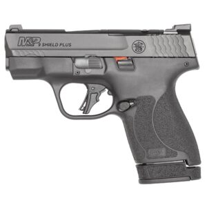 Smith & Wesson M&P Shield Plus Optic Ready 9mm pistol with night sights and serrated black slide, right side view