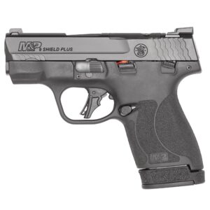 Smith & Wesson M&P Shield Plus OR 9mm optic-ready pistol with night sights and manual thumb safety, black finish, right side view