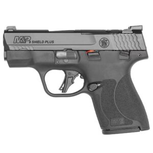 Smith & Wesson M&P Shield Plus OR 9mm pistol with optic cut slide, thumb safety, and night sights in black