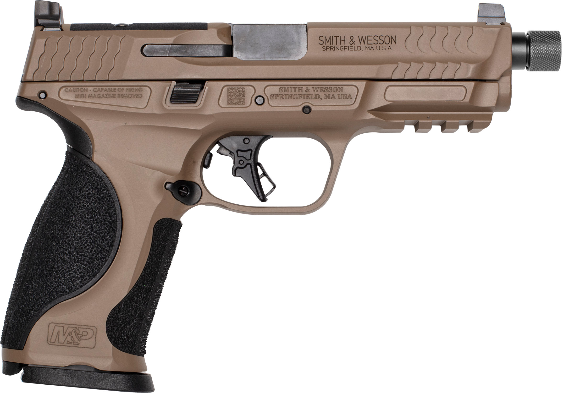 Smith & Wesson M&P M2.0 9mm pistol in Flat Dark Earth with threaded barrel and optic-cut slide