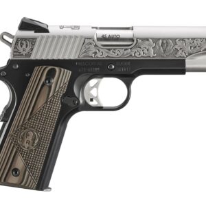 Ruger SR1911 Commander .45 ACP semi-auto pistol with brown grips, two-tone black and silver finish, left-side view