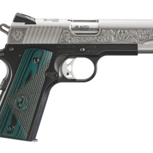 Ruger SR1911 Commander .45 ACP semi-auto pistol with green grips and two-tone black and silver finish