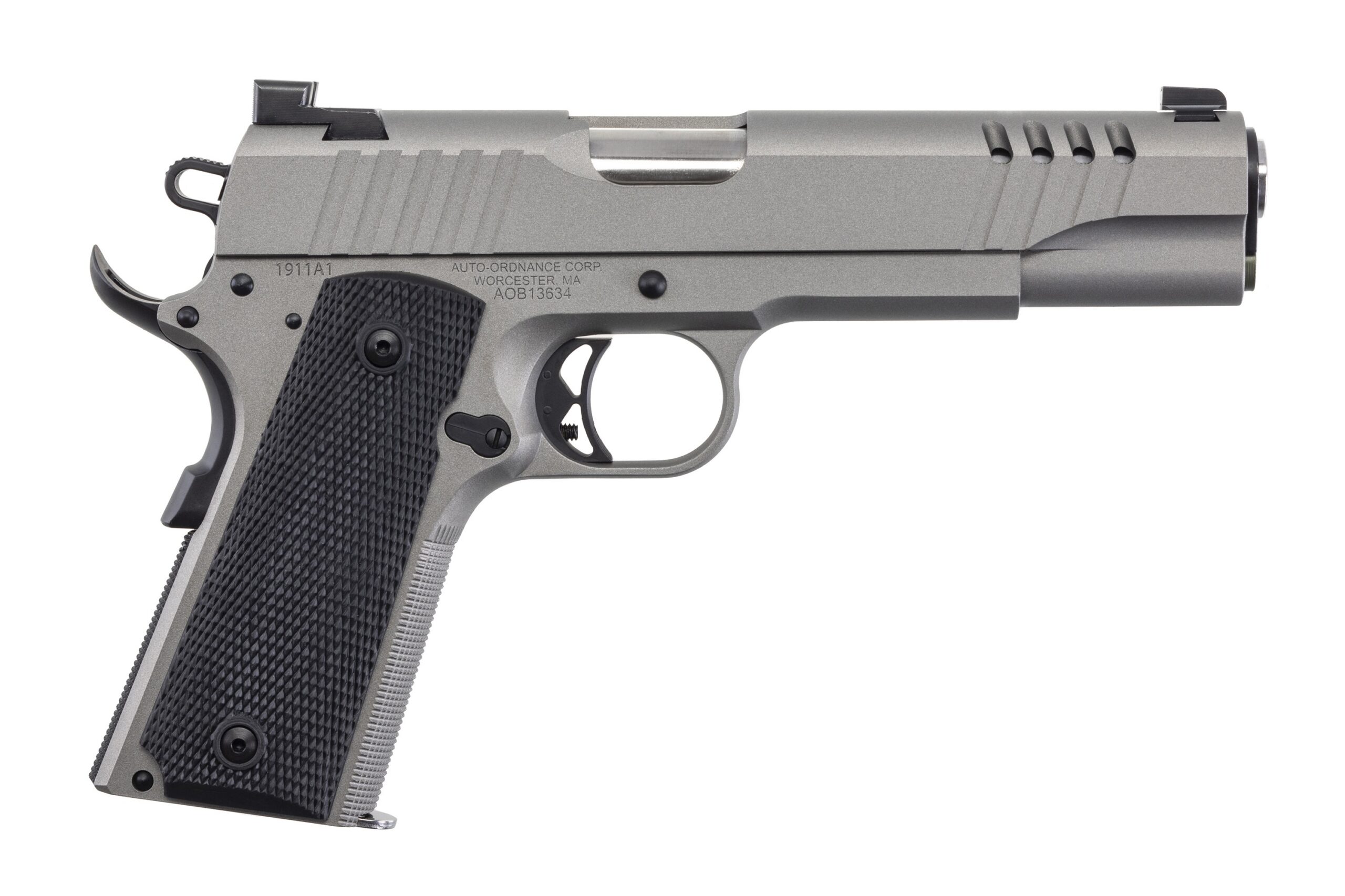 Auto-Ordnance Thompson 1911 .45 ACP stainless semi-auto pistol with TruGlo night sights and Savage Silver Cerakote slide