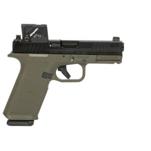 Ruger RXM 9mm semi-automatic pistol in black and OD green finish with 4-inch barrel, right side view
