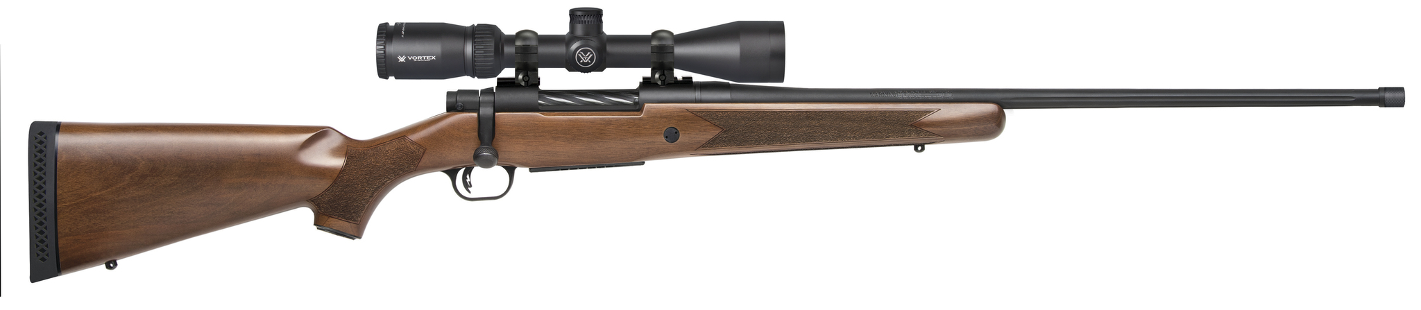 Mossberg Patriot .350 Legend bolt-action rifle with 22-inch blued threaded barrel and wood stock, right-side view
