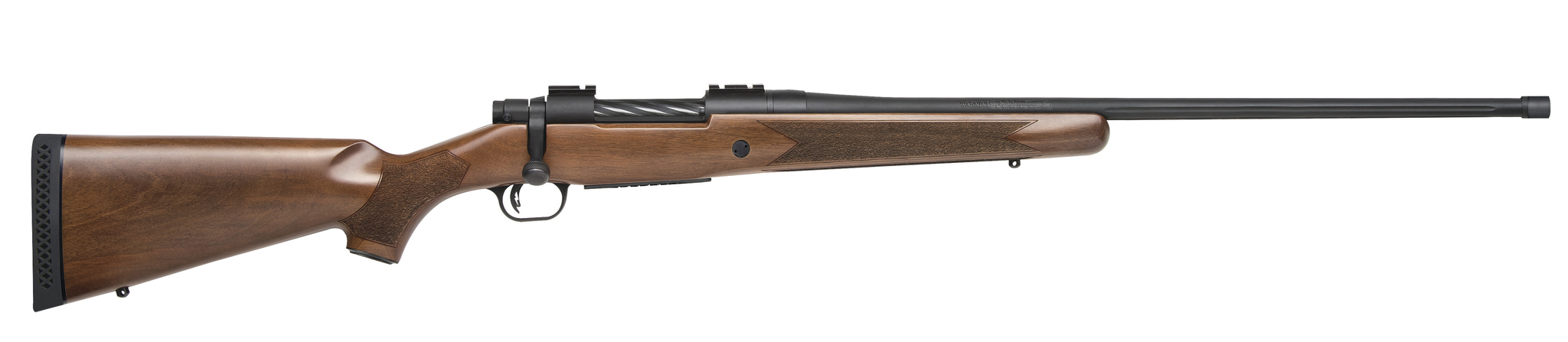 Mossberg Patriot bolt-action rifle in 6.5 PRC with 24-inch threaded barrel and blued steel and walnut stock finish