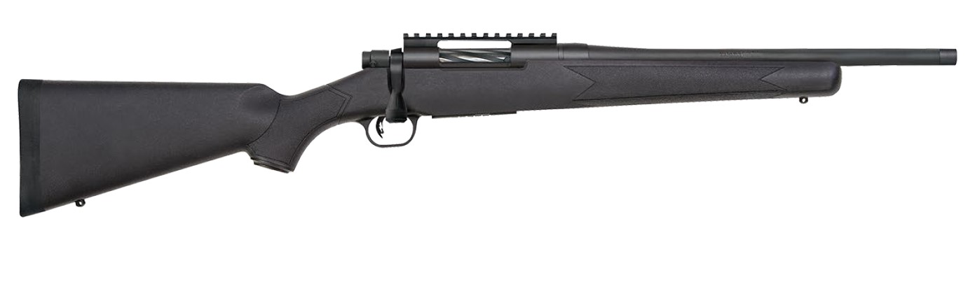 Mossberg Patriot bolt-action rifle in .308 Winchester with 16.25-inch threaded barrel and black synthetic stock