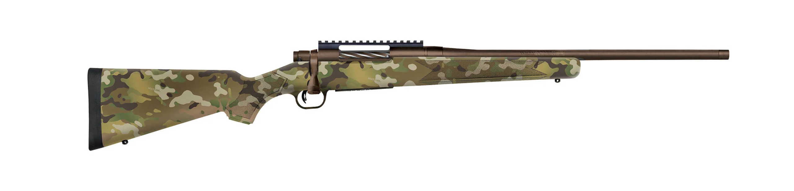 Mossberg Patriot Youth bolt-action rifle in .22-250 Remington with 18-inch threaded barrel and brown synthetic stock