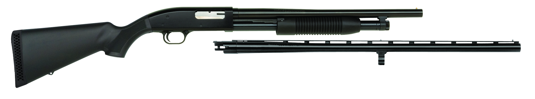 Mossberg Maverick 88 Field/Security Combo 12 gauge pump-action shotgun with blued finish, showing both 18.5-inch and 28-inch barrels