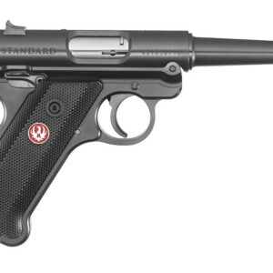 Ruger Mark IV Standard semi-auto pistol in .22 LR with 4.75-inch satin stainless barrel and black frame