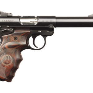 Ruger Mark IV Target .22 LR pistol with 5.5-inch bull barrel and laminate grips, left-side view