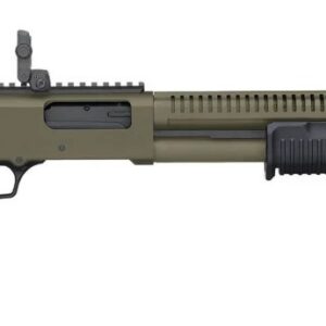 Mossberg 590M 12 gauge pump action shotgun with 18.5 inch barrel and OD Green finish, shown with Magpul MBUS 3 folding sights and detachable magazine