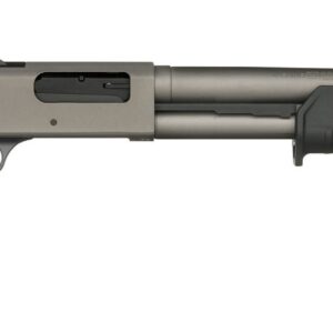 Mossberg 590A1 Pro 12 gauge pump-action shotgun with 18.5-inch barrel, ghost ring sights, and tungsten orange finish