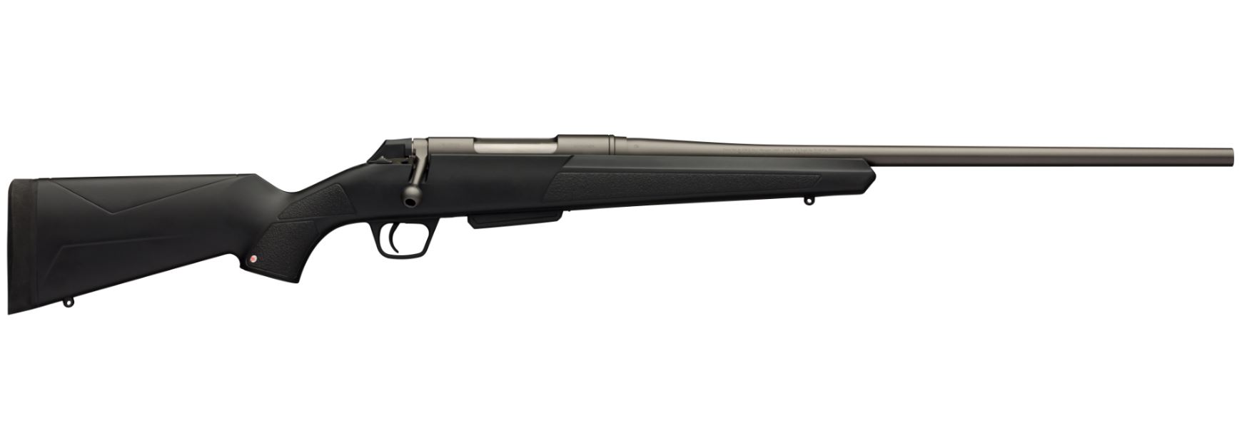 Winchester XPR Compact bolt-action rifle in 6.5 PRC with grey synthetic stock, right-side view