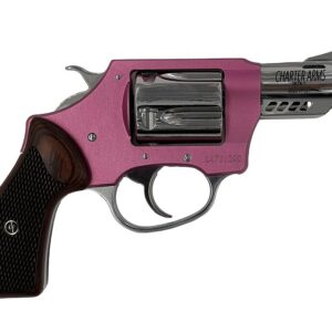 Charter Arms Coyote .380 ACP revolver with pink grip and high polished stainless finish, 2-inch barrel, right side view