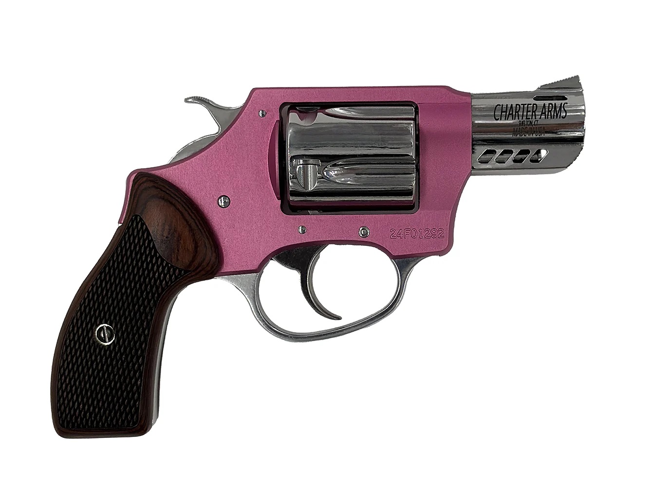 Charter Arms Coyote .380 ACP revolver with pink grip and high polished stainless finish, 2-inch barrel, right side view