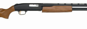 Mossberg 500 Bantam 20 gauge pump-action shotgun with 22-inch blued barrel and wood stock, right-side view