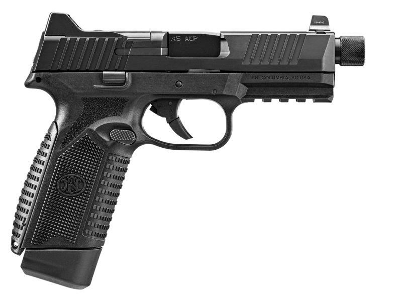 FN 545 Tactical .45 ACP semi-automatic pistol in black with optic-cut slide and suppressor-height night sights
