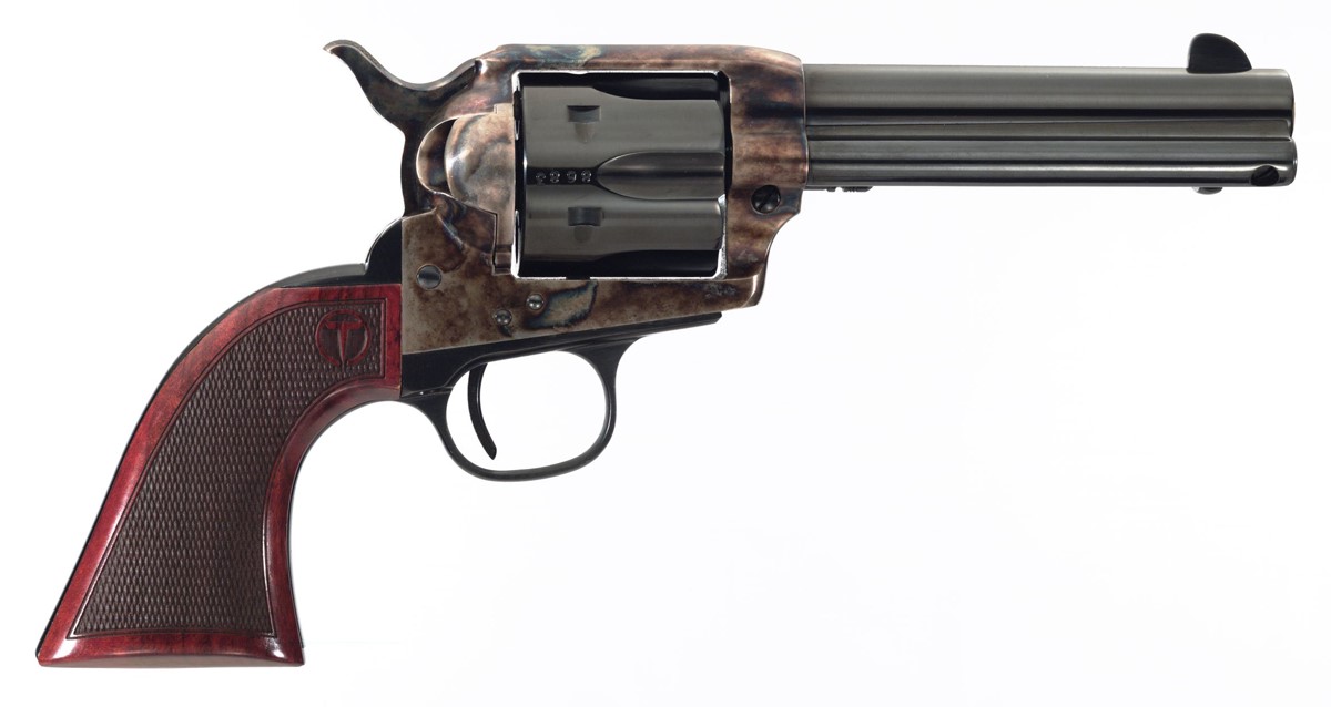 Taylor's and Company Smoke Wagon single action revolver in 45 Colt with 4.75 inch blued barrel and wood grips