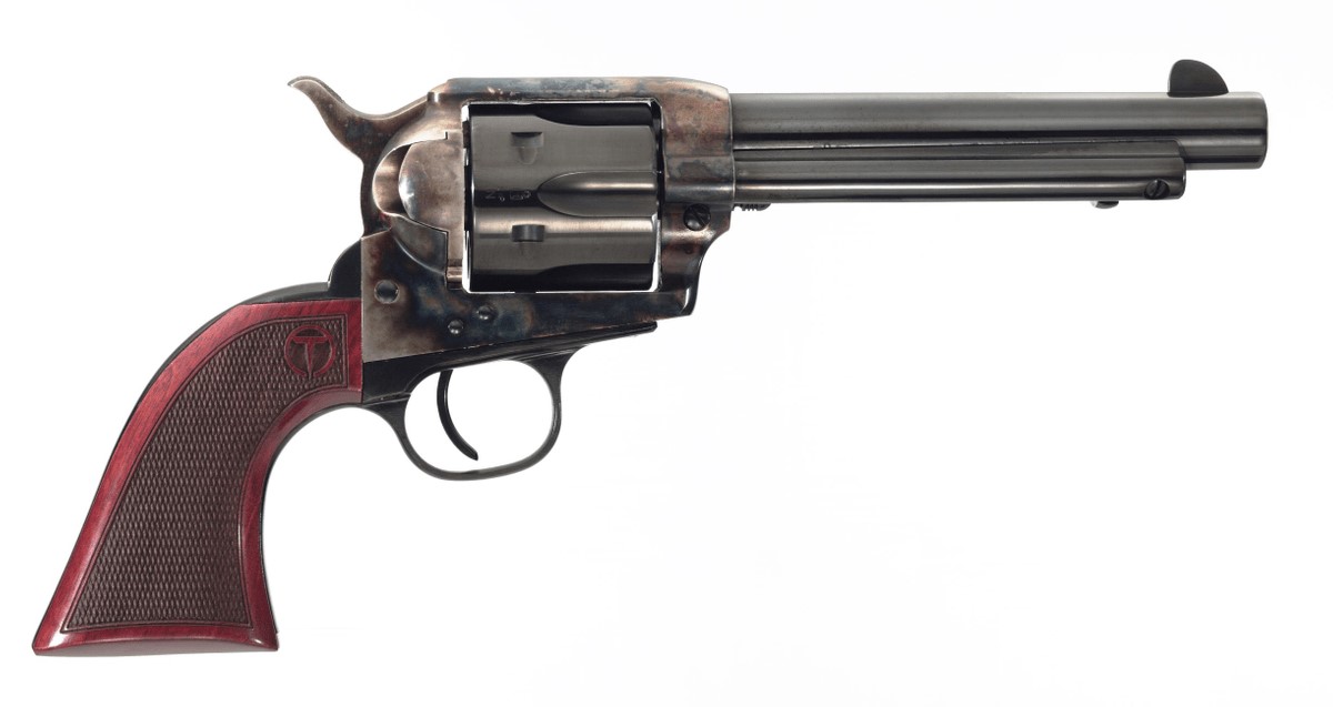 Taylor's & Company Smoke Wagon single action revolver in 45 Colt with 5.5 inch blued barrel and wood grips