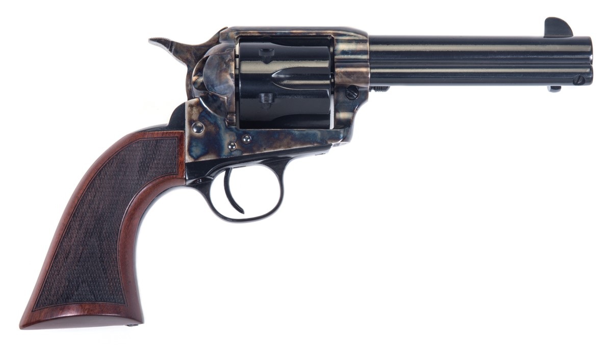 Taylor's & Company Gunfighter single-action revolver in .45 ACP with blued finish, wood grips, and 4.75-inch barrel