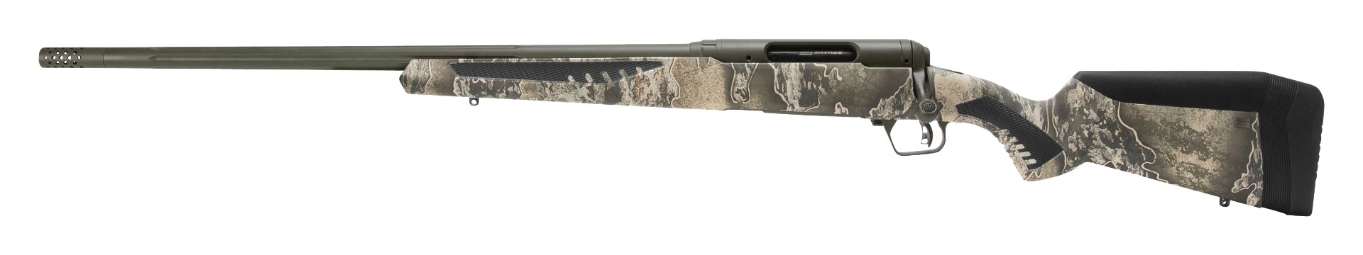 Savage 110 Timberline left-hand bolt-action rifle in 6.5 Creedmoor with camo stock and OD Green Cerakote barrel