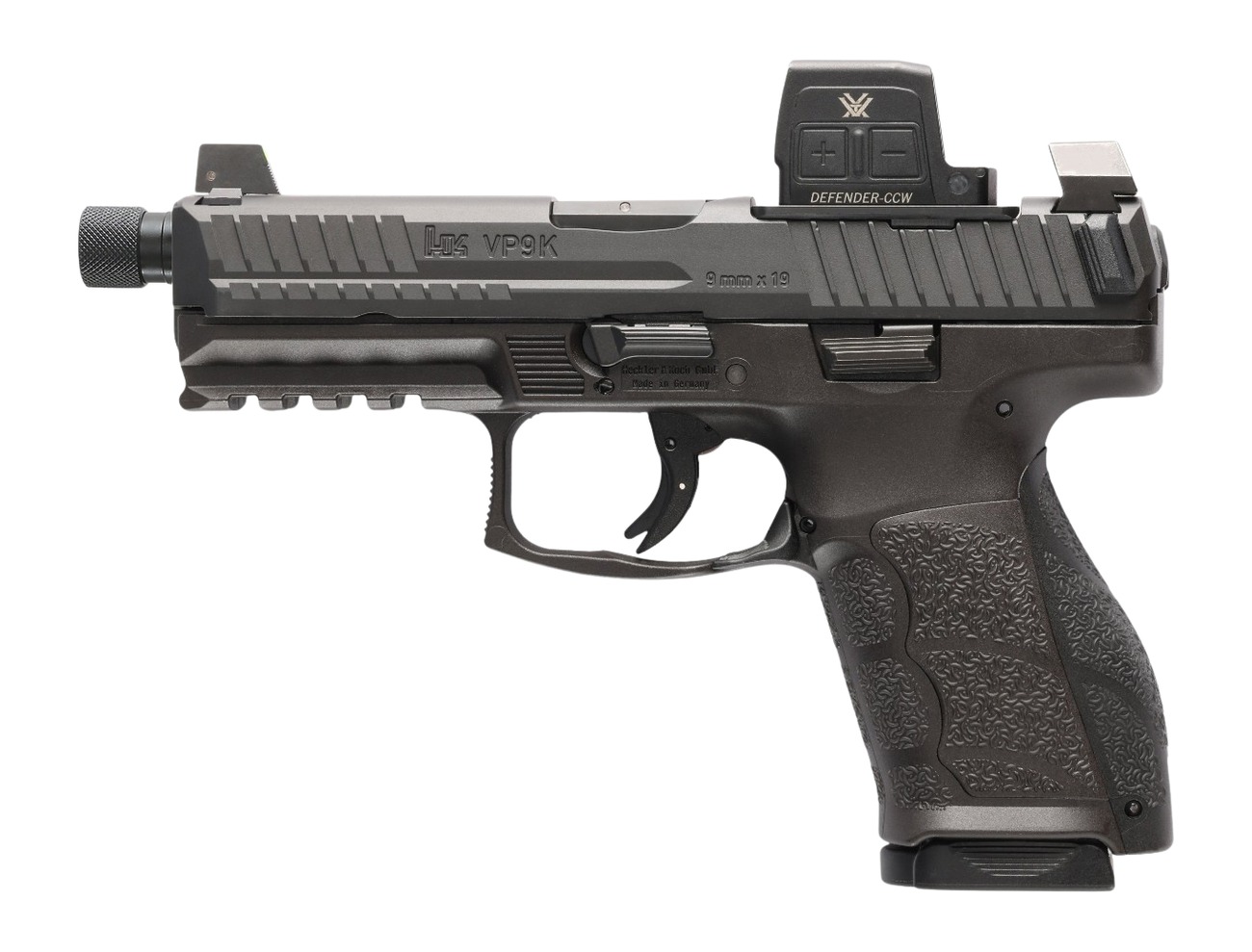 Heckler & Koch VP9A1-K TAC 9mm black pistol with optic-ready serrated slide and night sights, right side view