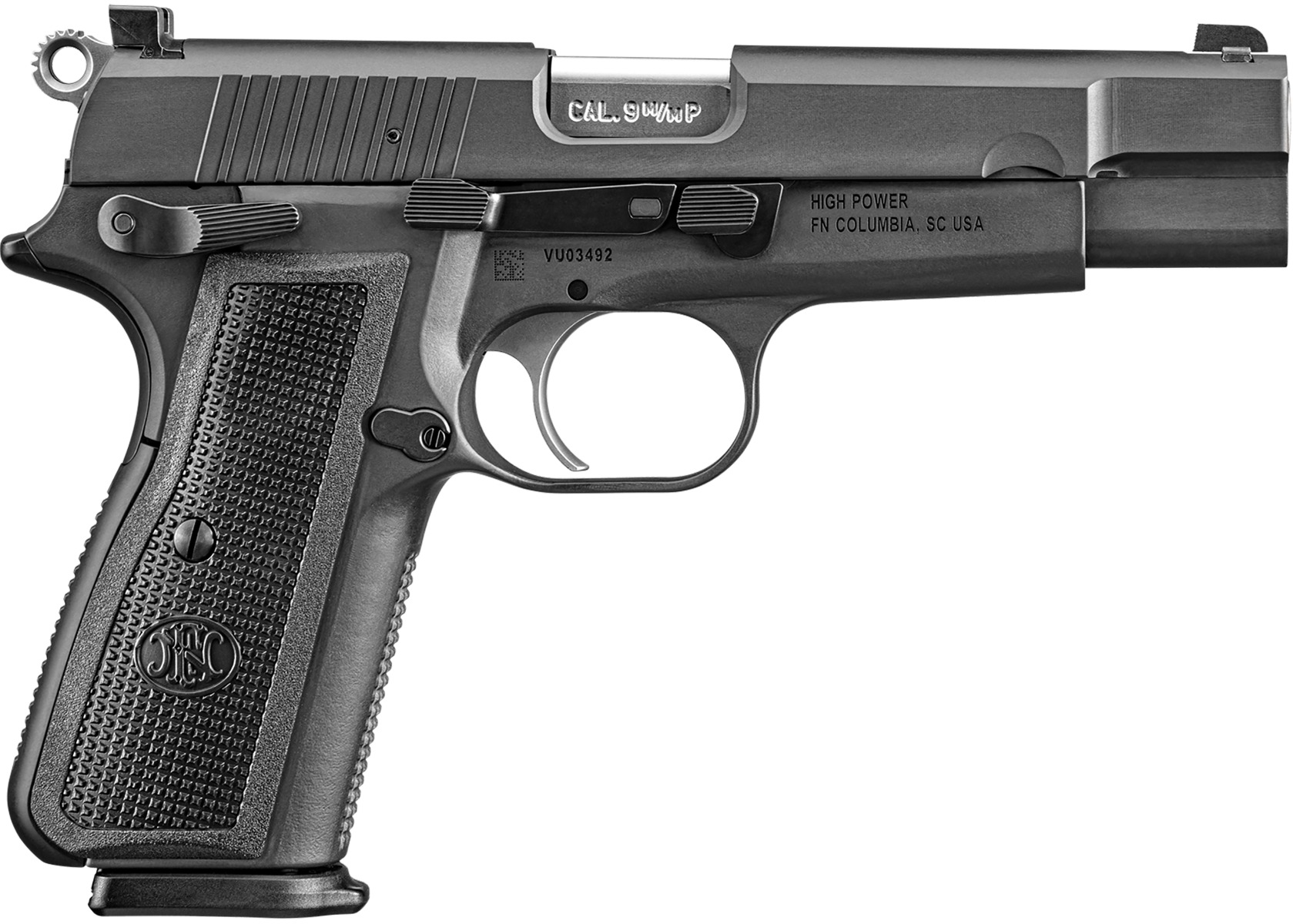 FN America High Power 9mm single-action pistol in black with serrated slide and driftable steel blackout sights