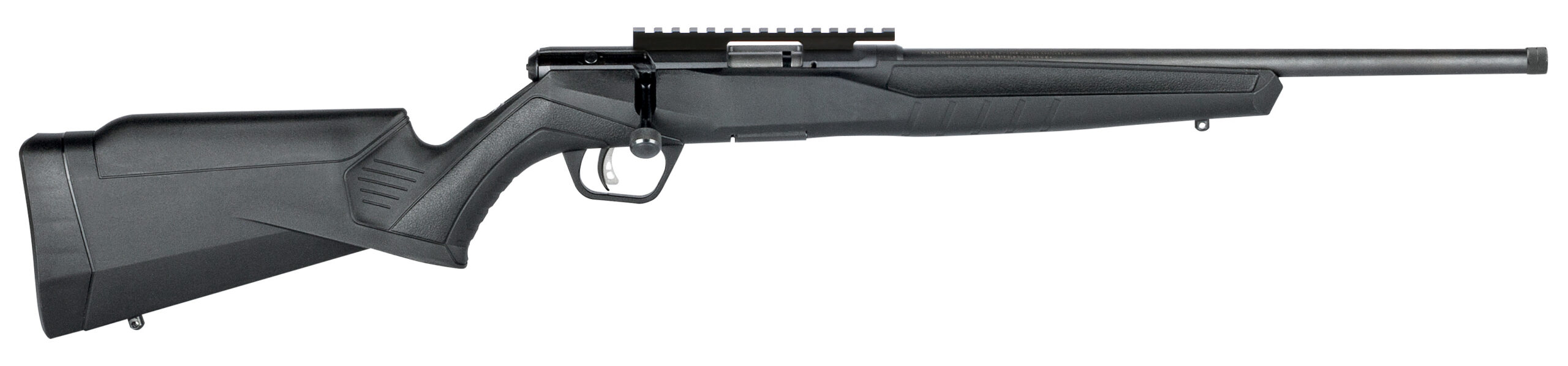 Savage B22 FV-SR bolt-action rimfire rifle in .22 LR with matte black threaded heavy barrel and black synthetic stock