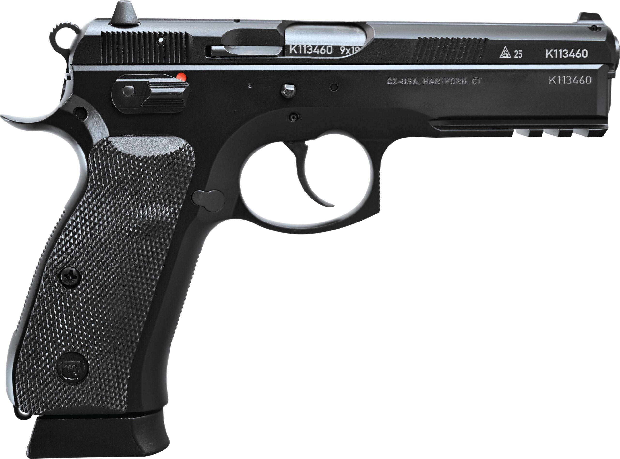 CZ-USA CZ 75 SP-01 50th Anniversary Edition 9mm semi-automatic pistol with engraved black slide, right side view