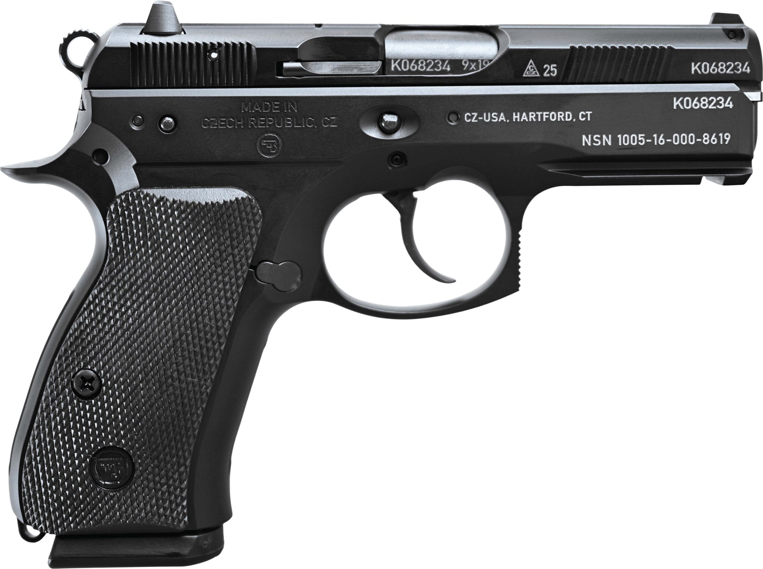 CZ-USA CZ P-01 50th Anniversary Edition 9mm black pistol with engraved serrated slide, right side view