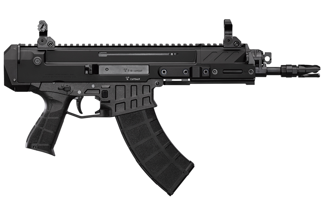 CZ-USA Bren 2 MS semi-auto pistol in 7.62x39mm with 9-inch black barrel and folding sights