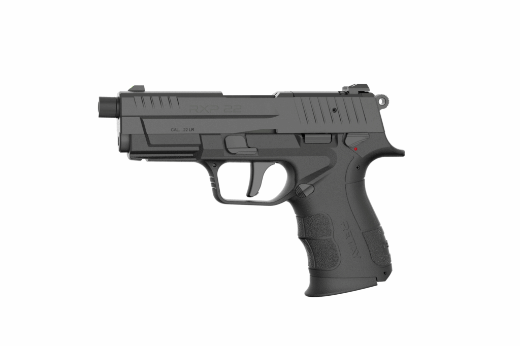 Retay RXP22 semi-automatic pistol in black chambered in .22 LR with threaded barrel and optic-ready slide