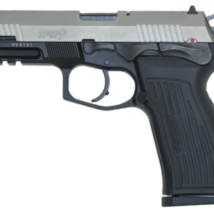 Bersa TPR9 Duotone 9mm semi-auto pistol with silver slide and black controls, right side view