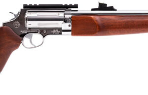 Rossi Circuit Judge SCJ4510SS revolving rifle in .45 Long Colt and .410 bore with polished stainless barrel and wood stock
