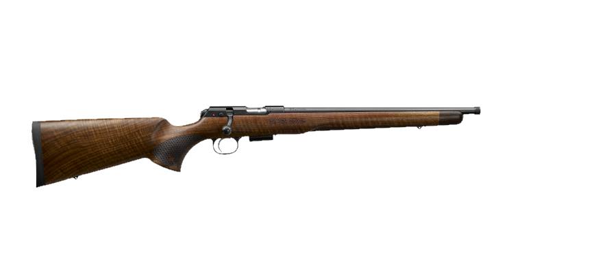 CZ 457 Royal .22 LR bolt action rifle with 16.5-inch threaded black nitride barrel and walnut stock