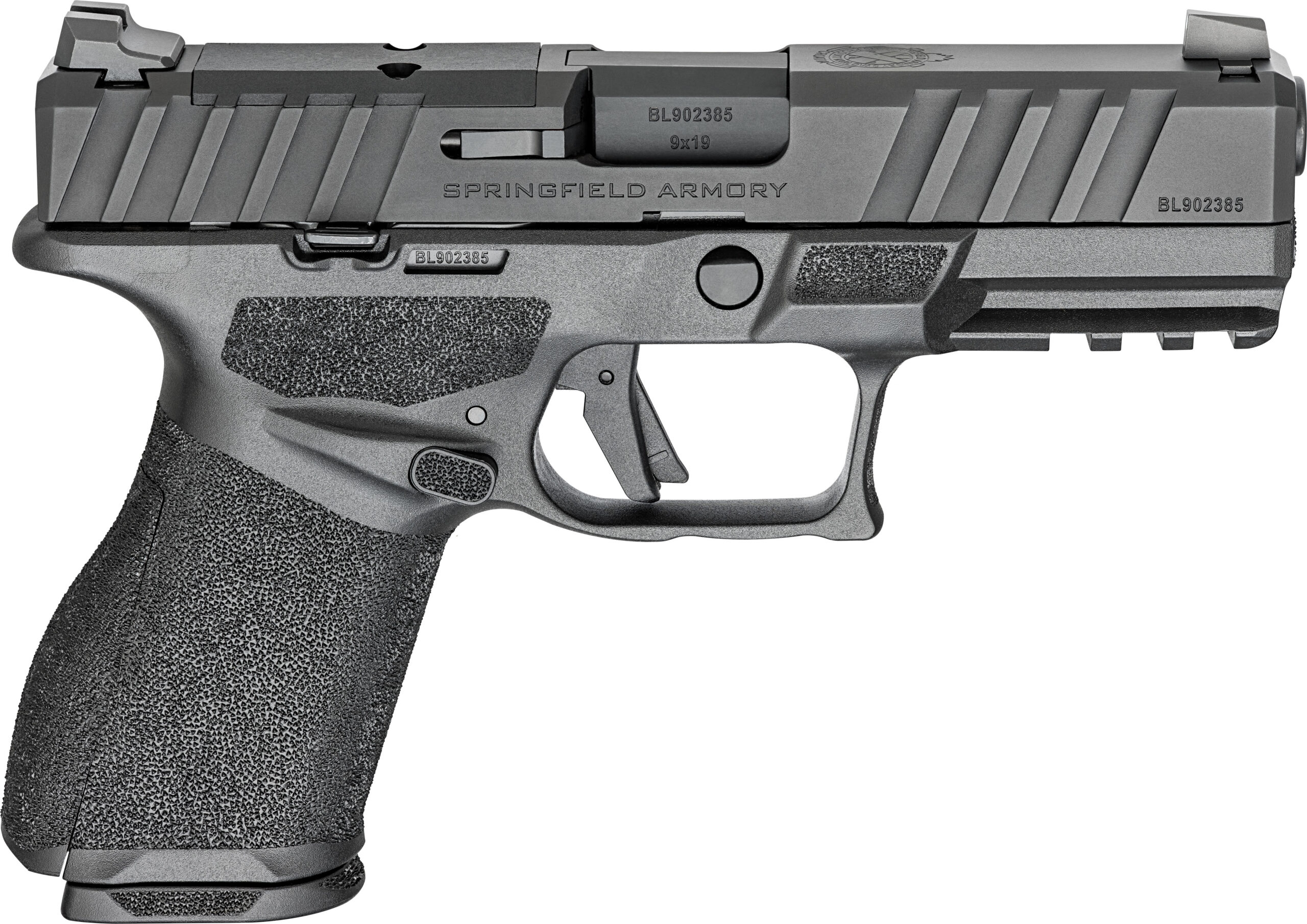 Springfield Armory Echelon Alpha 9mm semi-auto pistol in black with 4-inch barrel and optic-ready serrated slide, CA compliant