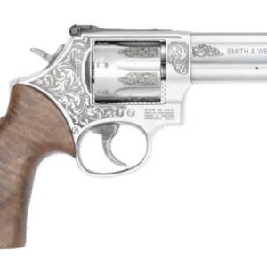 Smith & Wesson 686 Plus engraved stainless .357 Magnum revolver with 4.13-inch barrel and wood grips