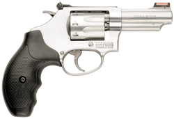 Smith & Wesson Model 63 .22 LR stainless steel revolver with 3-inch barrel, HI-VIZ fiber optic front sight, and rubber grips