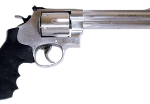 Smith & Wesson Model 629 .44 Magnum revolver with 6.5-inch stainless barrel and rubber grips, right-side profile view