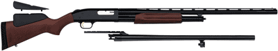 Mossberg 500 Combo 12 gauge pump-action shotgun with blued finish and wood stock, shown with 28-inch ventilated rib barrel
