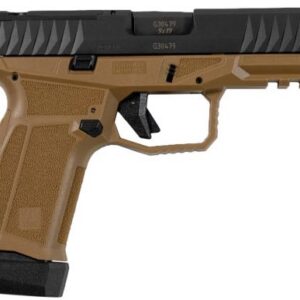 AREX Delta M Gen 2 OR 9mm semi-auto pistol with black slide and flat dark earth FDE frame, optics-ready, shown with two magazines