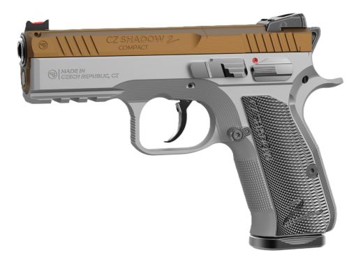 CZ Shadow 2 Compact OR 9mm semi-auto pistol with 4-inch barrel and gold and silver grip panels